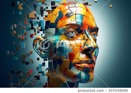 Abstract face from crumbling pieces, generative ai 103548690