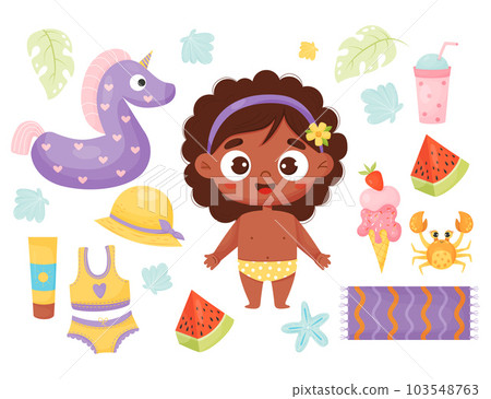 Summer time. Collection happy ethnic girl with beach accessories and clothes, rubber unicorn, crab, ice cream and watermelon, straw hat and sunblock. Isolated Vector illustration in cartoon style. Summer time. Collection happy ethnic girl with beach accessories and clothes, rubber unicorn, crab, ice cream and watermelon, straw hat and sunblock. Isolated Vector illustration in cartoon style. 103548763