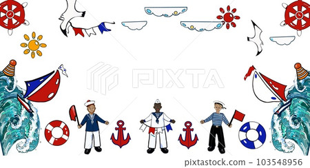 frame sea set, sailors, waves, anchor, lifebuoy on a white background 103548956