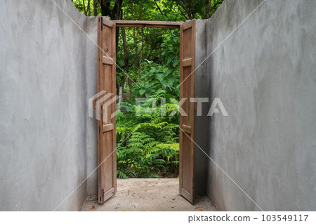 Open wooden door way to forest with natural green plant Open wooden door way to forest with natural green plant 103549117