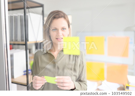 Businesswoman stands by glass wall with memo stickers 103549502