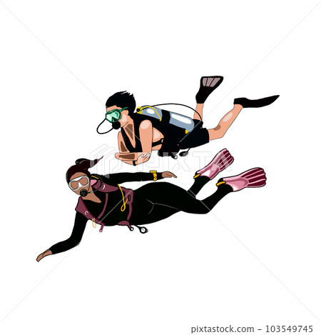 two divers with scuba gear, isolate on a white background 103549745