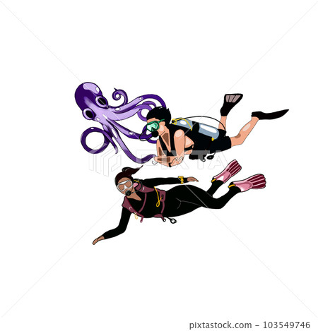 diver swims underwater with octopus on a white background 103549746