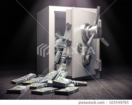 Unlocked steel safe with dollar banknote packs inside. 103549765