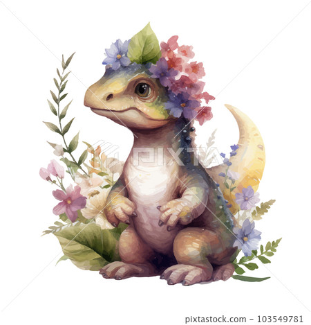 Cute little watercolor dinosaur portrait with watercolor effect. Cute little watercolor dinosaur portrait with watercolor effect. 103549781