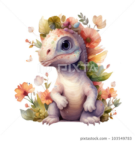 Cute little watercolor dinosaur portrait with watercolor effect. Cute little watercolor dinosaur portrait with watercolor effect. 103549783
