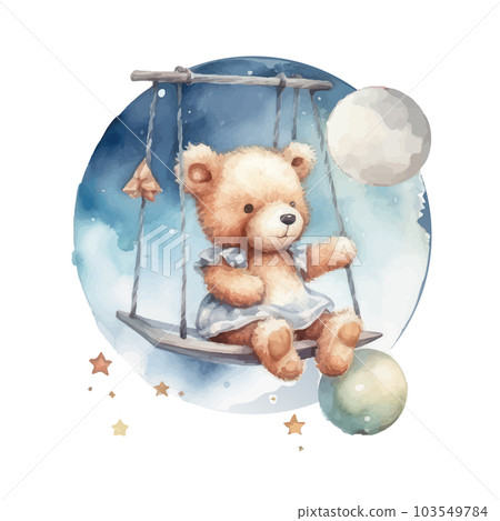 Cute teddy bear swinging on a swing on a star.watercolor hand draw illustration.can be used for kid poster or baby shower Cute teddy bear swinging on a swing on a star.watercolor hand draw illustration.can be used for kid poster or baby shower 103549784