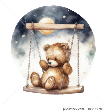 Cute teddy bear swinging on a swing on a star.watercolor hand draw illustration.can be used for kid poster or baby shower 103549785