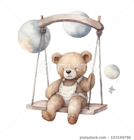 Cute teddy bear swinging on a swing on a star.watercolor hand draw illustration.can be used for kid poster or baby shower Cute teddy bear swinging on a swing on a star.watercolor hand draw illustration.can be used for kid poster or baby shower 103549786