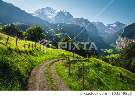 Curved rural road on the slope in Lauterbrunnen valley, Switzerland 103549838