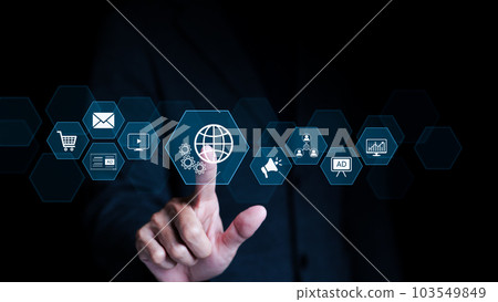 Businessman touching icons of Digital marketing internet advertising and sales increase. business technology concept. online marketing, E-business, Ecommerce, Business online. 103549849
