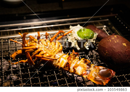 Fresh spiny lobster, charcoal-grilled turban shell with spiny lobster and basil sauce, barbecue, BBQ dinner (Chiba) 103549863