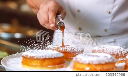 pastry chef decorates desserts in the kitchen, made with Generative AI 103549966