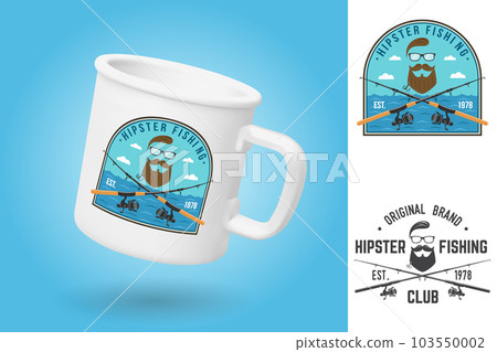 White camping cup. Realistic mug mockup template with sample design. Hipster fishing club patch. Vector illustration. Vintage typography design with fish rod silhouette 103550002