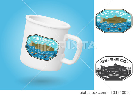 White camping cup. Realistic mug mockup template with sample design. Fishing sport club patch. Vector illustration. Vintage typography design with fish rod and rainbow trout silhouette 103550003