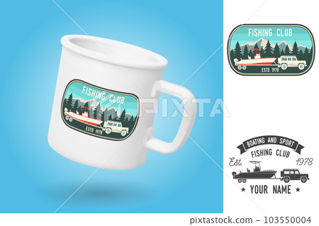 White camping cup. Realistic mug mockup template with sample design. Boating and Sport Fishing club patch. Vector illustration. Vintage typography design with fish rod silhouette White camping cup. Realistic mug mockup template with sample design. Boating and Sport Fishing club patch. Vector illustration. Vintage typography design with fish rod silhouette 103550004