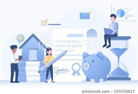 Real estate investment. Various elements to purchase, mortgage agreement, piggy bank, rent, contract and signature.  103550027