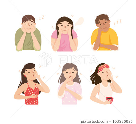 Sleepy Man and Woman Yawning Feeling Need for Sleep Vector Illustration Set 103550085