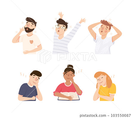 Sleepy Man and Woman Yawning Feeling Need for Sleep Vector Illustration Set Sleepy Man and Woman Yawning Feeling Need for Sleep Vector Illustration Set 103550087