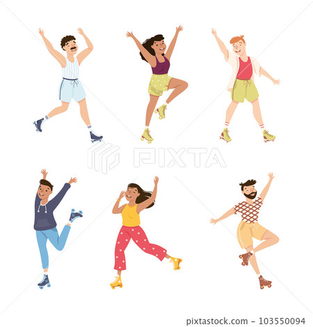 Excited Man and Woman Character Dancing on Roller Skates Vector Illustration Set Excited Man and Woman Character Dancing on Roller Skates Vector Illustration Set 103550094