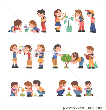 Curious Boy and Girl with Magnifying Glass Studying Plant and Exploring Environment Vector Set Curious Boy and Girl with Magnifying Glass Studying Plant and Exploring Environment Vector Set 103550099