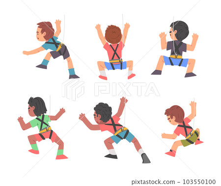Little Boy Climbing Steep Rock or Wall with Harness Rope Engaged in Bouldering Training Vector Set 103550100