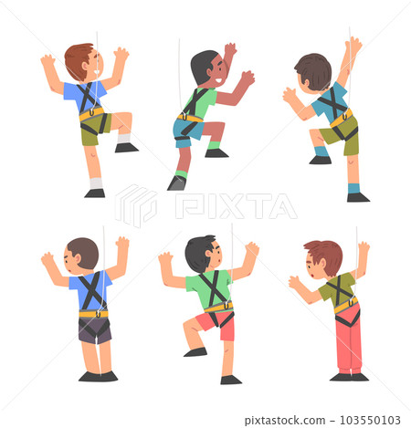 Little Boy Climbing Steep Rock or Wall with Harness Rope Engaged in Bouldering Training Vector Set Little Boy Climbing Steep Rock or Wall with Harness Rope Engaged in Bouldering Training Vector Set 103550103