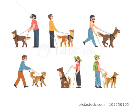Guide Dog with Blind Man and Woman as Trained Assistance Pet and Seeing Eye Vector Set Guide Dog with Blind Man and Woman as Trained Assistance Pet and Seeing Eye Vector Set 103550105