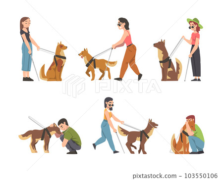 Guide Dog with Blind Man and Woman as Trained Assistance Pet and Seeing Eye Vector Set Guide Dog with Blind Man and Woman as Trained Assistance Pet and Seeing Eye Vector Set 103550106