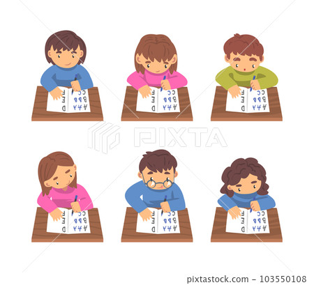 Kids Sitting at Desk and Writing Letters in Notebook Studying Alphabet Vector Set Kids Sitting at Desk and Writing Letters in Notebook Studying Alphabet Vector Set 103550108