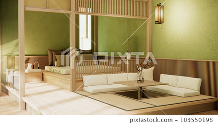 Japan style empty room decorated with wooden bed, white wall and wooden wall. Japan style empty room decorated with wooden bed, white wall and wooden wall. 103550198