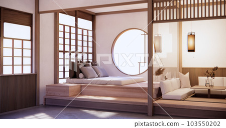 Japan style empty room decorated with wooden bed, white wall and wooden wall. 103550202