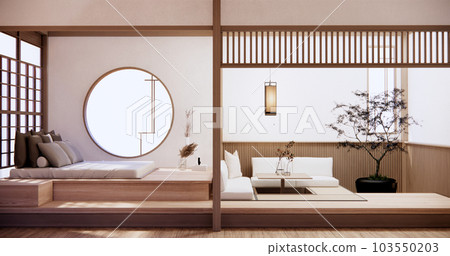 Japan style empty room decorated with wooden bed, white wall and wooden wall. 103550203