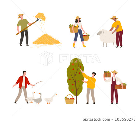 Man and Woman Farmer Doing Agricultural Work and Husbandry Vector Illustration Set 103550275
