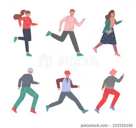 Man and Woman Character Running in a Hurry and Hasten Somewhere Vector Set Man and Woman Character Running in a Hurry and Hasten Somewhere Vector Set 103550280