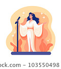Happy woman singer, vocalist wearing white dress and singing in microphone 103550498