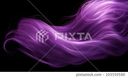 Purple violet hair wavy strand. Isolated on black background. Shiny haircare style shampoo beautiful smooth colored hair close up photo 103550580