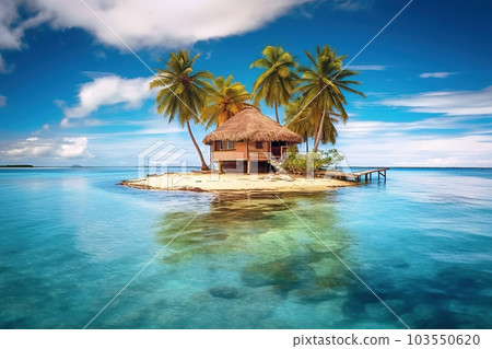 Tropical island with palms, beach and bungalow surrounded blue water, generative AI 103550620