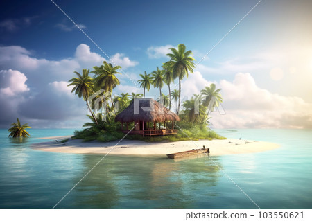 Tropical island with palms, beach and lone hut surrounded blue water, generative AI 103550621