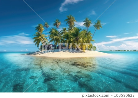 Small tropical island with palm trees and beach surrounded blue water, generative AI 103550622