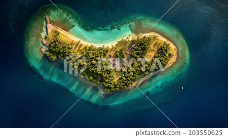 Tropical island surrounded by blue water in sea, aerial top view, generative AI. 103550625