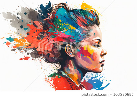 Art portrait of young woman like watercolor painting on white background, generative AI 103550695