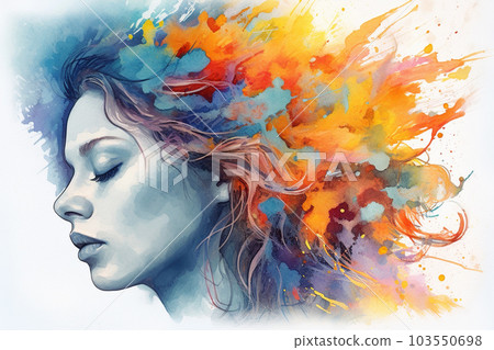 Art portrait of young woman like watercolor painting on white background, generative AI. 103550698