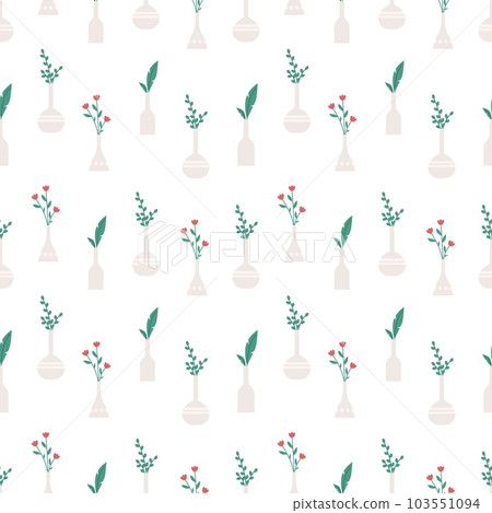 Flowers in vases seamless pattern. Floral elements, bouquets with flower and green branches. Decorative fabric fashion print, vector decor texture Flowers in vases seamless pattern. Floral elements, bouquets with flower and green branches. Decorative fabric fashion print, vector decor texture 103551094