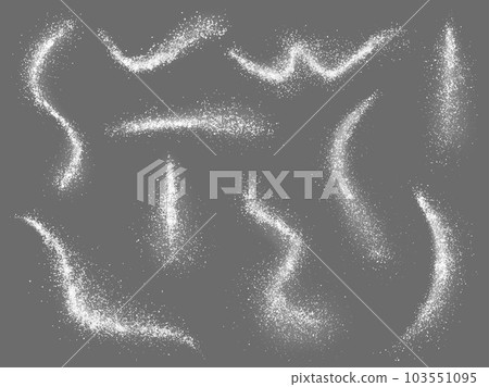 Scatters salt or sugar, white realistic crystals mineral. Sieved flour dust, snow granules. Chalk or baking soda, sprinkled powder pithy vector elements Scatters salt or sugar, white realistic crystals mineral. Sieved flour dust, snow granules. Chalk or baking soda, sprinkled powder pithy vector elements 103551095
