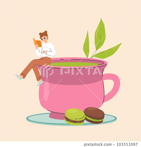 Young girl reading book and sitting on giant tea cup. Matcha or green drink and desserts, macarons. Student studying and eating, vector concept 103551097