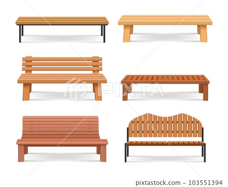 Benches. Urban park relax places with wooden benches decent vector realistic template 103551394