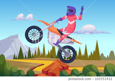 Motorbike rider. Sport cyclist jumping on bike outdoor landscape background 103551412