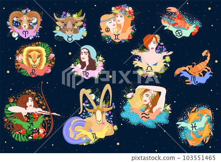 Astrological zodiac signs. Aries, Taurus, Gemini, Cancer, Leo, Virgo, Libra, Scorpio, Sagittarius, Capricorn, Aquarius, Pisces. Twelve zodiac constellations. Vector illustration on dark blue backdrop. Astrological zodiac signs. Aries, Taurus, Gemini, Cancer, Leo, Virgo, Libra, Scorpio, Sagittarius, Capricorn, Aquarius, Pisces. Twelve zodiac constellations. Vector illustration on dark blue backdrop. 103551465