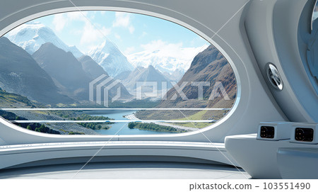 Generative ai illustration of sci-fi futuristic interior design with large windows 103551490